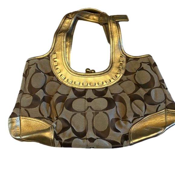 Coach Handbags - Coach Gold/Beige Signature Canvas and Leather Ergo Tattersall Hobo Bag, Lined.